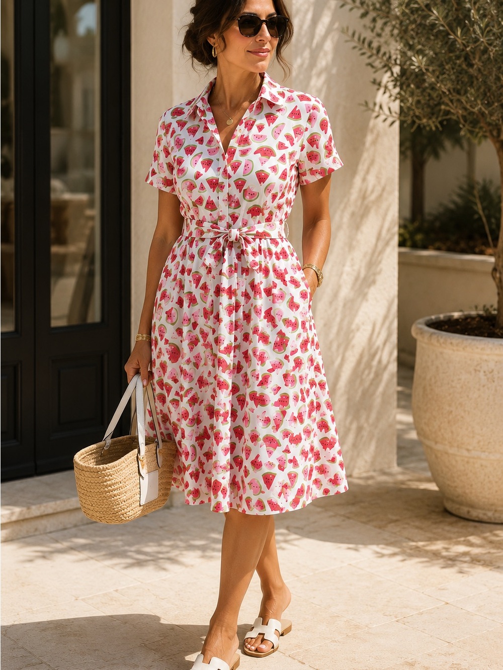 Brooks Brothers White and Pink Watermelon Print Shirt Midi Dress NWOT